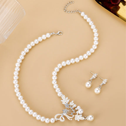 Vintage Pearl Flower Necklace Earrings Set