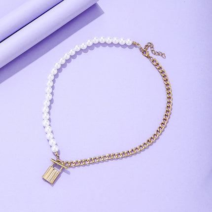 Pearl Chain Bead Link Lock Pendant Necklace - FASHION SHEGOODS LLC