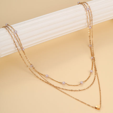 Alloy Heart Necklace Double Layer Fashion Chain Pearl Necklace