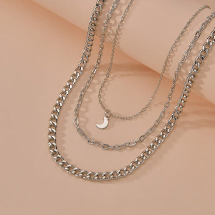 Multi-layered Chain Necklace Crescent Charm - FASHION SHEGOODS LLC