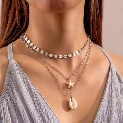 Multi Layer Chain Shell Choker Pendant Necklace - FASHION SHEGOODS LLC