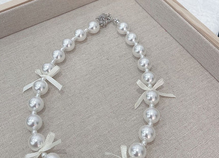 Ribbon Bow Necklace Women's Love Pearl Bead Layered Necklace