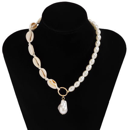 Beach White Irregular Baroque Pearl Pendant Shell Bead Necklace