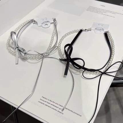 Double-layer Pearl Leather butterfly Collar Necklace Jewelry