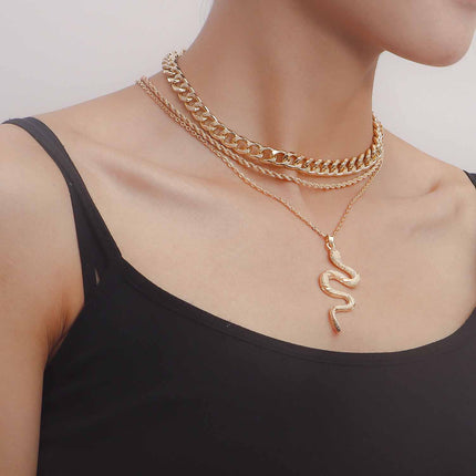 Vintage Cuban Chain Multi Layered Snake Pendant Necklace