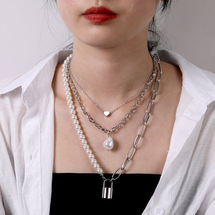 Heart Star Charm Paperclip Chain Choker Necklace Layered Lock Pendant - FASHION SHEGOODS LLC