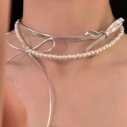 Double-layer Pearl Leather butterfly Collar Necklace Jewelry