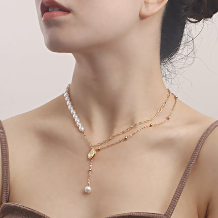 Punk Jewelry Imitation Pearl Coin Pendant Necklace