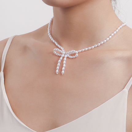Pearl Chain Bow Knot Pendant Pearl Choker Necklace - FASHION SHEGOODS LLC