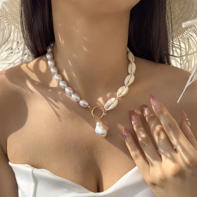 Elegant Bead Chain Pearl Sea Shell Pendant Necklace