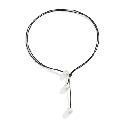 Gorgeous Black Wax Rope Faux Pearl Pendant Necklace