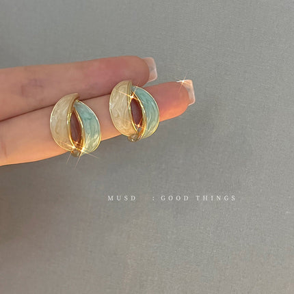 Enamel Green Blue Color Geometric Stud Earrings