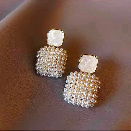 Simple White Square Pearl Pendant Earrings