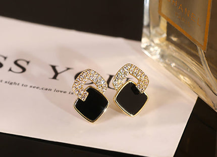 Black Enamel Geometric Square Stud Earrings