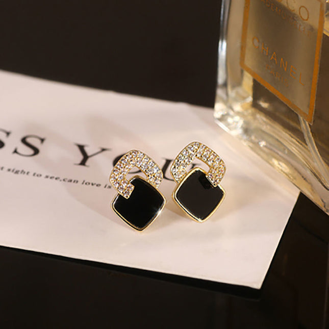 Black Enamel Geometric Square Stud Earrings