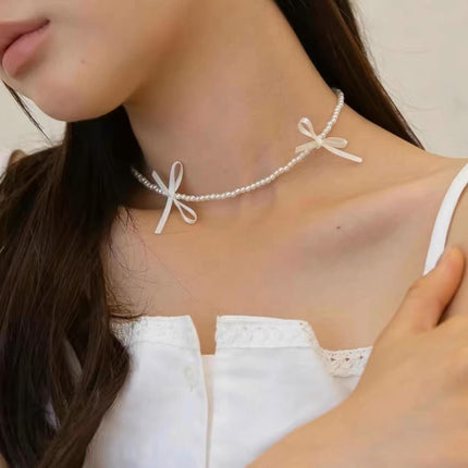Faux Pearl Necklace Fashion Jewelry Sweet Girls Ribbon Bow Choker - FASHION SHEGOODS LLC