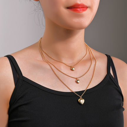 Multi Layers Chain Necklace Metallic Color Heart Pendant - FASHION SHEGOODS LLC