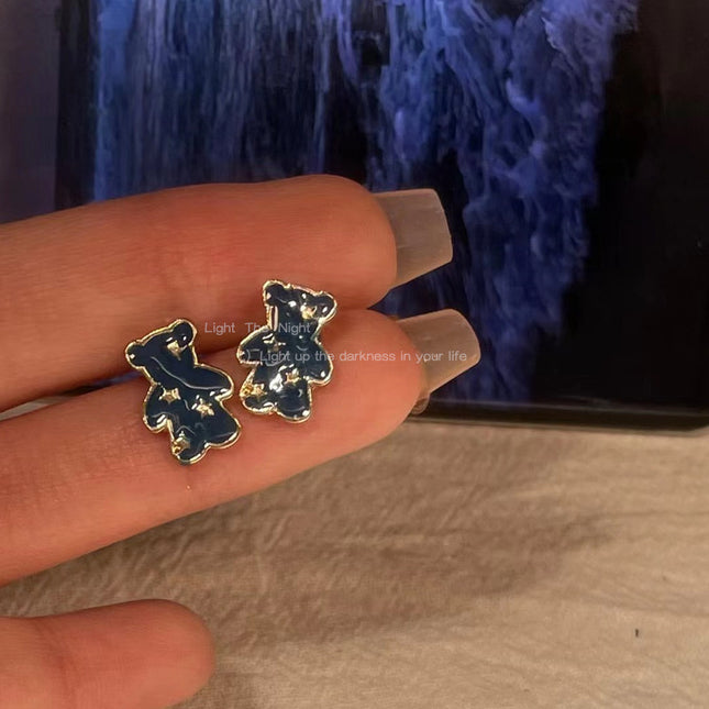 Blue Enamel Cartoon Bear Earring