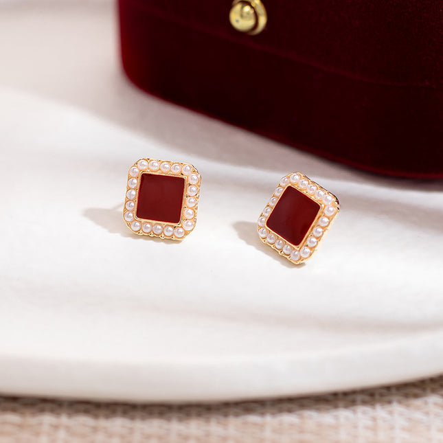 Geometric Square Pearl Stud Earrings - FASHION SHEGOODS LLC