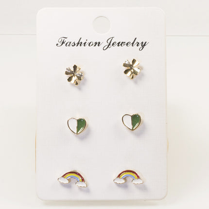Rainbow clover love stud earrings set