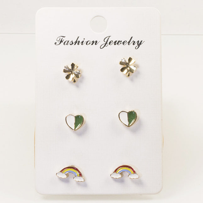 Rainbow clover love stud earrings set
