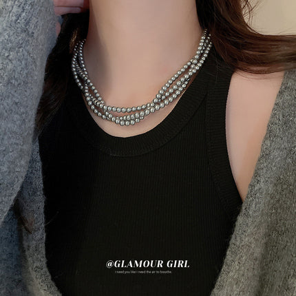 Retro Choker Multi Layer Grey Pearl Necklace Women