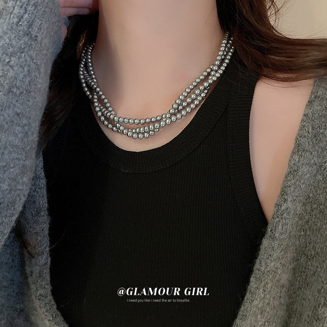 Retro Choker Multi Layer Grey Pearl Necklace Women