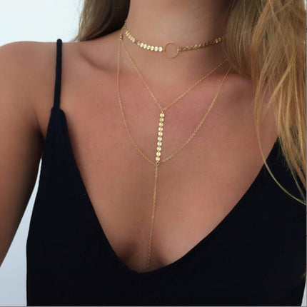 Multi Layered Chain Round Disc Choker Necklace - FASHION SHEGOODS LLC