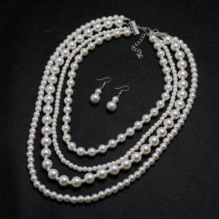 Multi Layers Long Pearl Necklace Earrings Set for Women - FASHION SHEGOODS LLC