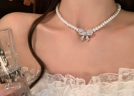 Pearl Rhinestone Bowknot Shiny Choker Necklace for Women