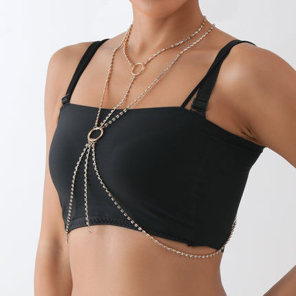 Women Rhinestone Long Necklace Breast Chain