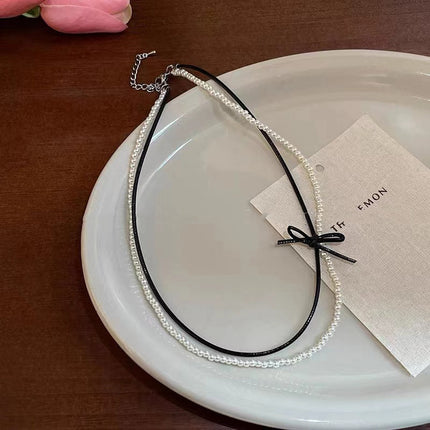 Leather Bowknot Collarbone Chain Choker Link Chain Necklace