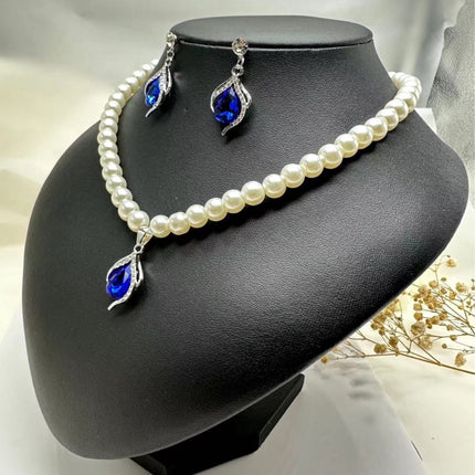 Blue RhineStone Pendant Pearl Beaded Necklace Jewelry Set