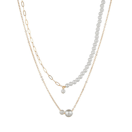 Chain Gold Bead Necklace Pearl Pendant Choker Multi Layer