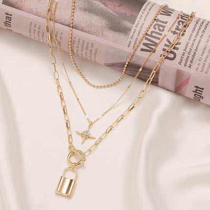 Heart Star Charm Paperclip Chain Choker Necklace Layered Lock Pendant - FASHION SHEGOODS LLC