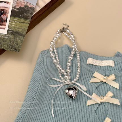 Black Ribbon Bow Heart Pendant Necklace for Women