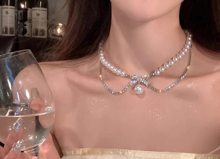 Bow Pearl Necklace Multi Layered Zircon Pearl Clavicular Chain Necklace for Women