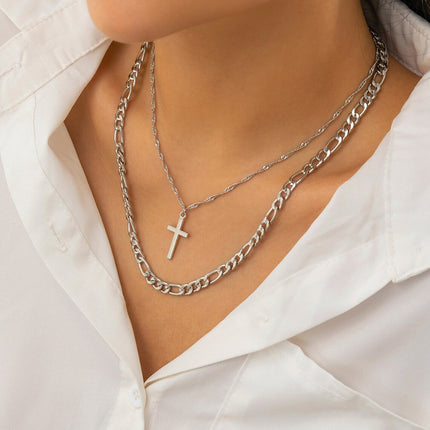 Punk Cuban Chain Stacked Cross Pendant Necklace