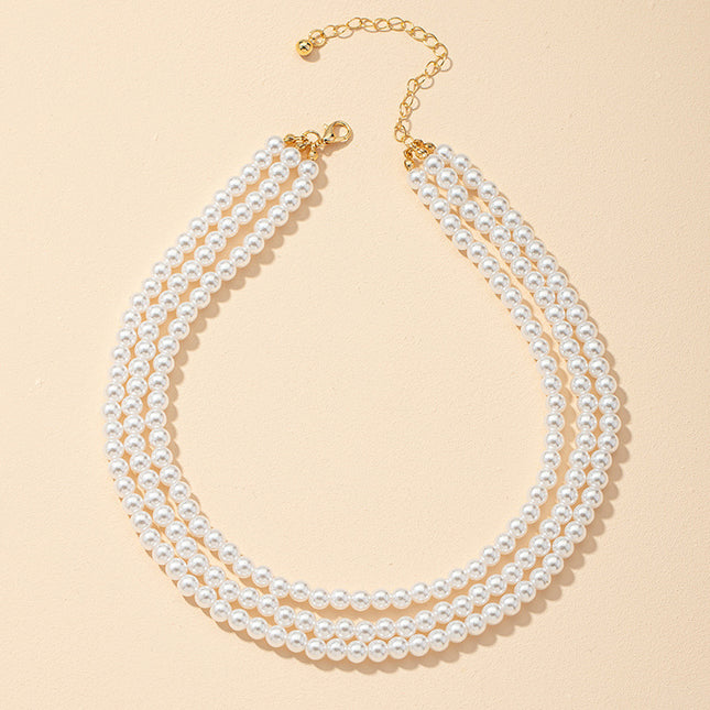 Faux Pearl Layered Three Strand Necklace Vintage