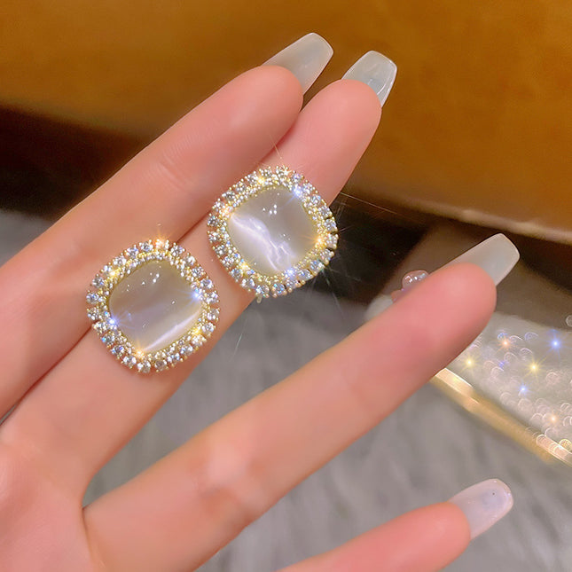 Opal Square Earrings Crystal Rhinestone Geometric Stud Earrings - FASHION SHEGOODS LLC