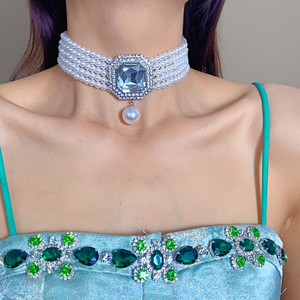 Layered Big Rhinestones Pearl Beads with Green/Red/Transparent Crystal Short Choker Necklace - FASHION SHEGOODS LLC