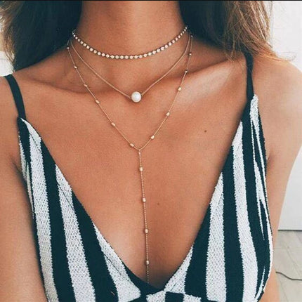Fashion Long Multilayer Beads Chain Pendant Pearl Necklace for Women