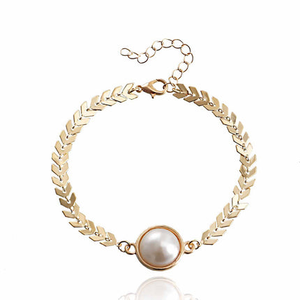 Leaf Chain Pearl Charm Bracelet