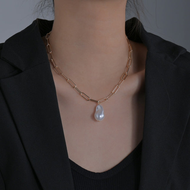 Paper Clip Chain Necklace Baroque Large Pearl Pendant - FASHION SHEGOODS LLC