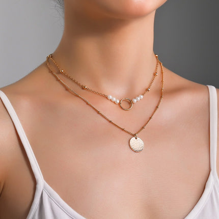 Layered Disc Pearl Pendant Necklace