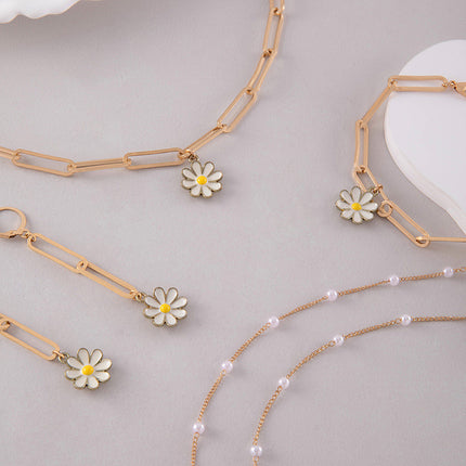 Pearls Daisy Flower Bracelet Earring Necklace Jewelry Set