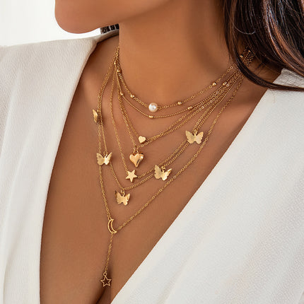 Women Butterfly Tassel Pendant Layered Set Necklace