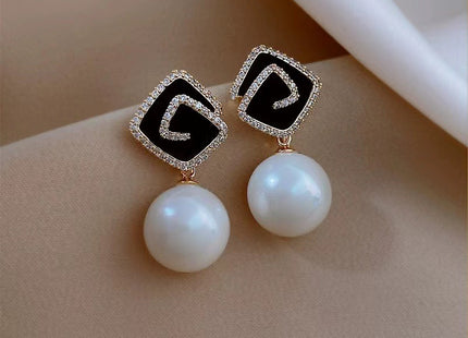 Geometric Square Black Enamel Pearl Earrings