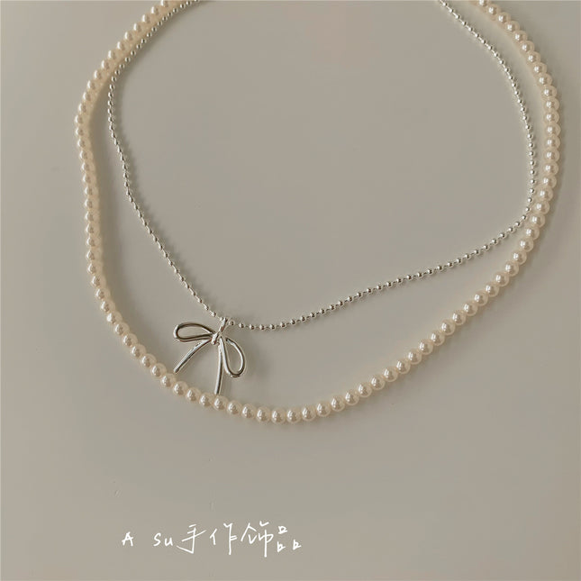 Bow Knot Shape Necklace Women Pearl Beads Necklace