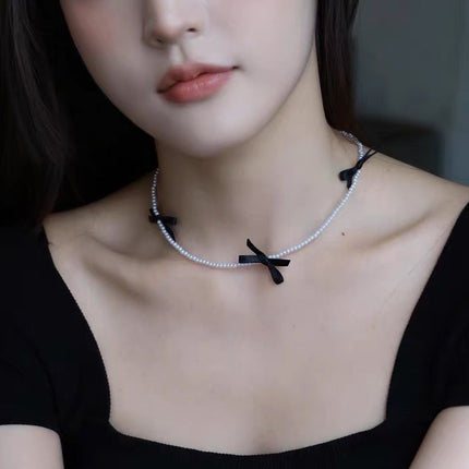 Faux Pearl Necklace Fashion Jewelry Sweet Girls Ribbon Bow Choker - FASHION SHEGOODS LLC